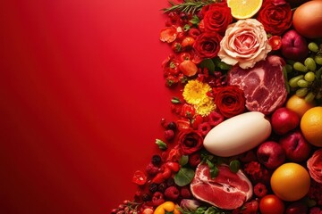 A vibrant arrangement of fruits, vegetables, and meats on a red background, showcasing a colorful and appetizing spread of fresh food.