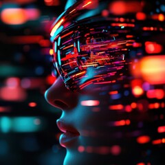 A futuristic portrait featuring a woman wearing high-tech glasses, surrounded by vibrant, colorful abstract light patterns.
