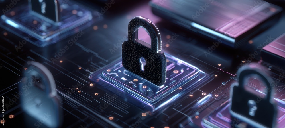 Poster the padlock on a futuristic circuit board representing digital security and encryption