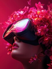 A woman wears VR goggles adorned with vibrant pink flowers, creating a striking contrast against a colorful background, blending technology and nature.