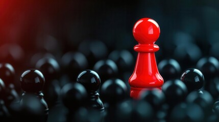 A striking red pawn stands out among a sea of black pawns, symbolizing uniqueness and competition in a game of strategy.