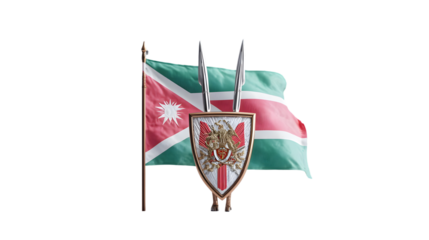 A surinamese flag waving in the background with the coat of arms in the foreground centered nicely