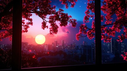 A stunning sunset view from a window, framed by vibrant pink flowers, showcasing a city skyline against a colorful sky.