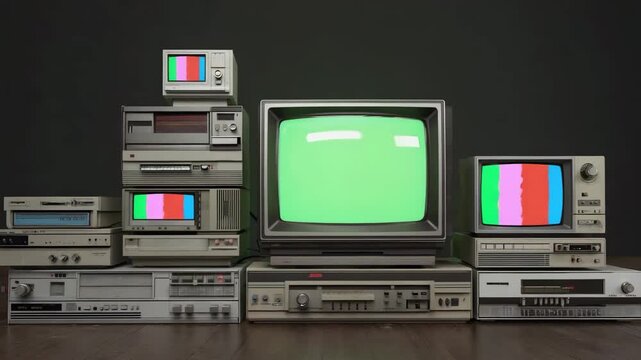 Retro tech stack with vintage monitors and media players creating a nostalgic electronic display