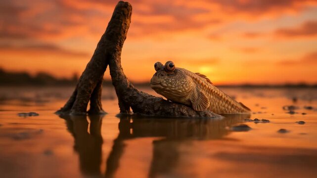 Mudskipper at Sunset: Amphibious Fish in its Natural Habitat