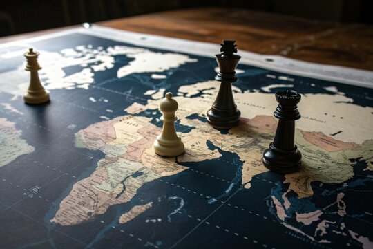 Symbolic representation of global geopolitics with chess pieces on a world map, illustrating strategy, power, and international relations.
