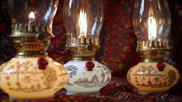 Three vintage oil lamps with decorative ceramic bases glowing warmly on a colorful patterned fabric.