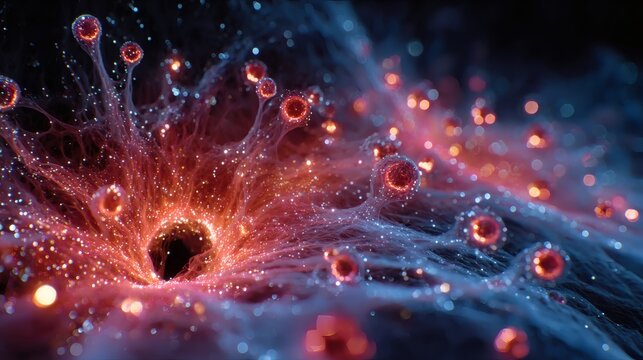 Abstract microscopic view of viral particles attacking cellular structures in fiery red and cool blue contrast. - Powered by Adobe