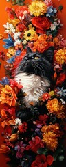 A black and white cat surrounded by vibrant flowers in various colors, creating a lively and artistic composition.