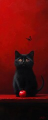 A black cat with striking eyes sits on a shelf, gazing at a butterfly above it, next to a red apple, against a vibrant red backdrop.