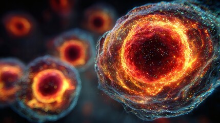 Abstract microscopic view of viral particles attacking cellular structures in fiery red and cool blue contrast.