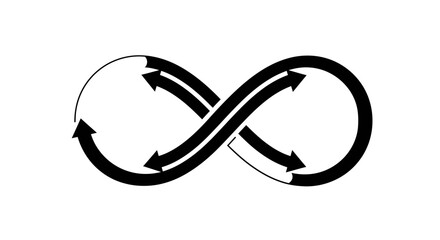 Dynamic black infinity symbol with flowing arrows representing a continuous cycle and perpetual process vector.