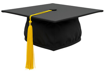 Black graduation cap with yellow tassel on a dark background emphasizing academic achievement and