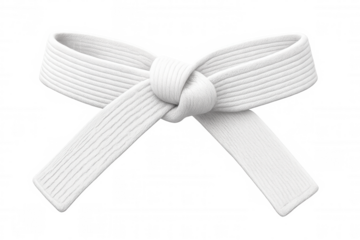 White martial arts belt knotted, showcasing beginner's ranking on clean transparent backdrop