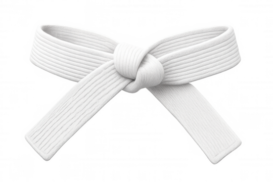 White martial arts belt knotted, showcasing beginner's ranking on clean transparent backdrop