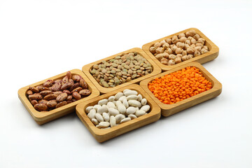 Different type of raw dry legumes composition.  lentils, red lentils, chickpeas and kidney beans....