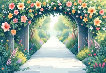 Fototapeta premium A blossoming garden path lined with vibrant flowers and greenery.