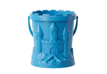 Bright blue plastic sandcastle bucket with castle design and handle for kids outdoor play