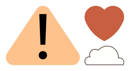Exclamation inside a triangle, red heart, and outlined cloud evoke themes of caution, empathy, and reflection. Ideal for safety, wellness, emotion, mindfulness sustainability love care simple flat