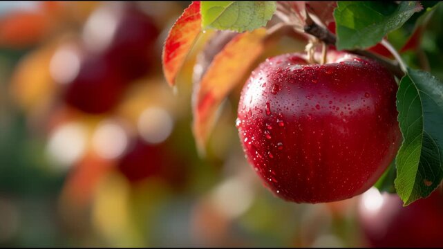 Red apple hanging on tree branch in beautiful autumn day