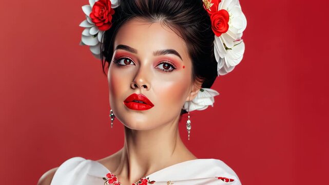 Elegant Beauty: A captivating portrait of a woman, adorned with a floral headdress and striking makeup, radiating grace and poise in a vivid setting, an homage to beauty and sophistication.