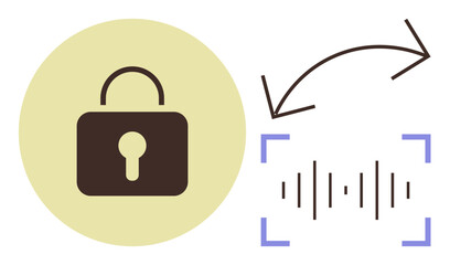 Closed padlock next to soundwave with bidirectional arrow, symbolizing encrypted communication, voice authentication, and security. Ideal for technology, cybersecurity, privacy, biometrics, AI