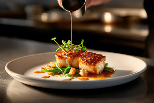 gourmet cooking, a chef is preparing a gourmet toothfish dish in an upscale kitchen