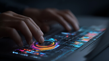 Hands on laptop keyboard with colorful infographic holograms