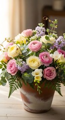 A vibrant floral arrangement featuring pink roses, yellow ranunculus, white freesia, and purple stock flowers in a rustic terracotta pot.