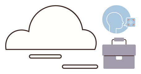 Cloud outline, human voice and AI recognition icon, briefcase. Ideal for storage, AI speech, innovation, analysis, organization communication technology. Simple flat metaphor