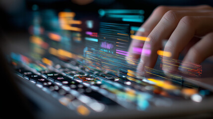 Hands on laptop keyboard with colorful infographic holograms
