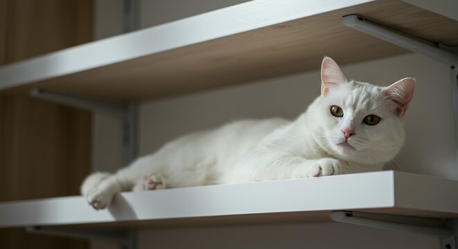 Adorable white domestic cat with golden amber eyes resting comfortably on white shelf in minimalist home - Powered by Adobe