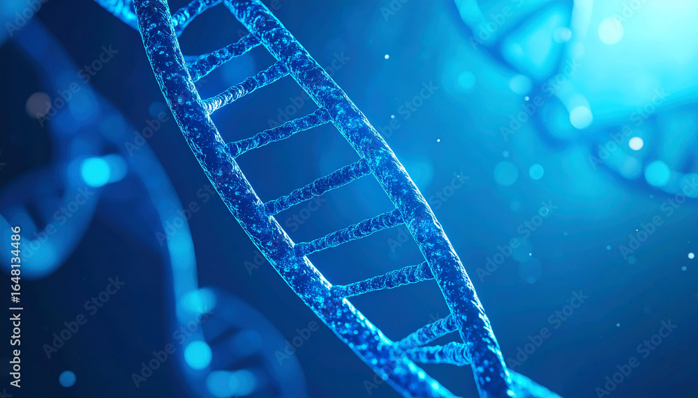 Poster dna helix: a stunning representation of a dna helix, glowing with an ethereal blue light, conveying 