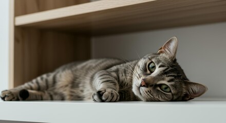 Sweet tabby cat with mesmerizing green eyes lying comfortably on white shelf in bright modern living space