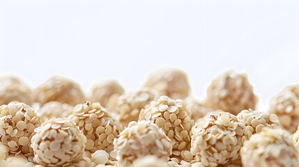 A cluster of white spherical candies with a textured, crunchy coating of sesame seeds, set against a bright, minimalist background.

