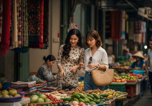 Two young adult Asian females are happily shopping at an outdoor market, looking at fruits and vegetables