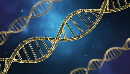DNA Strands: A striking visualization of the double helix DNA structure, representing life, science, and genetics, with intricate details against an atmospheric background.