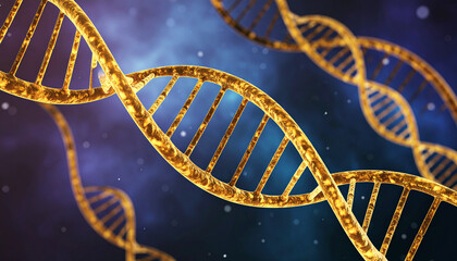 DNA helix close-up: A striking macro shot of a gold-toned DNA helix against a colorful, abstract background, suggesting the complexity of life's fundamental code. 