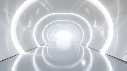 Obraz premium A perfectly symmetrical white tunnel with glowing arched rings, creating a sense of infinite, clean, and futuristic space. 