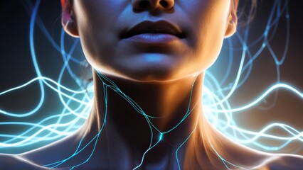 Digital Network Chin, Glowing Energy Lines, Cybernetic Skin Patterns, Subtle
Tech Connection, Bio-Digital Interface