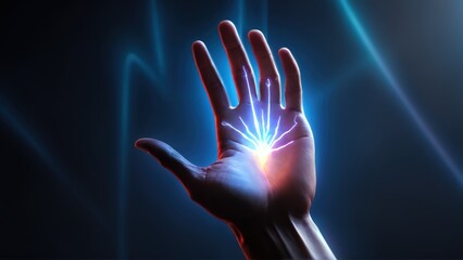 Digital Palm Pulse, Glowing Hand Interface, Interactive Light Pulse, Subtle
Tech Interaction, Energy Flow Hand
