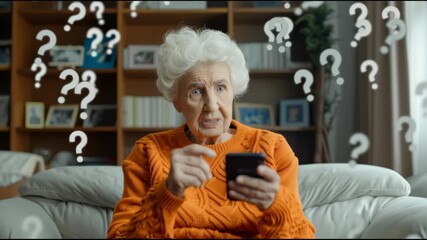 Confused elderly woman using smartphone with many flying question marks. Mature old lady has difficulties to use technology devices, understand information, read information on screen, forget password - Powered by Adobe