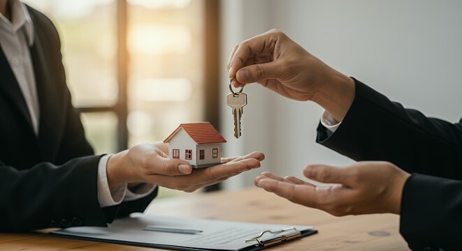 Professional real estate agent handing house keys to new homeowners during property purchase closing meeting in modern office