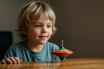 Boy with blond hair watching a colorful spinning top. Child playing with a classic toy at a wooden table. Copy space for text.