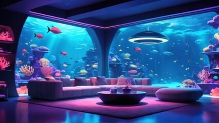 Oceanic Living Space, Dynamic Coral Reef, Immersive Home Aquarium,
Virtual Ocean Room, Tranquil Underwater Walls