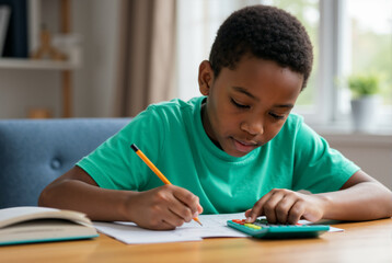 Black boy doing math homework with a calculator. Student writing in a notebook at a desk.
