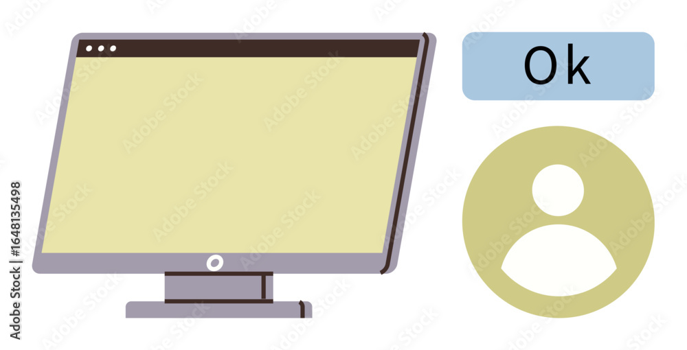 Aufkleber desktop monitor alongside user profile symbol and ok message signifying confirmation. ideal for onli