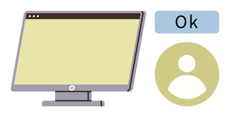 Desktop monitor alongside user profile symbol and Ok message signifying confirmation. Ideal for online interaction, user experience, account setup, technology, communication, approval, productivity