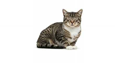 Adorable brown tabby cat with closed eyes in peaceful sleeping position on white studio background, perfect for pet care and wellness advertising campaigns