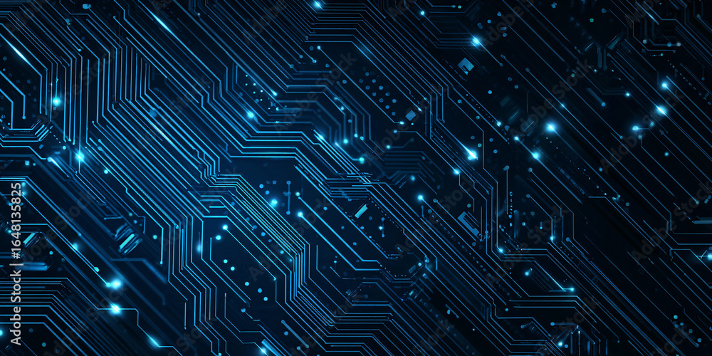 Poster abstract technology background in the form of a blue circuit board. microchips and modern technologi